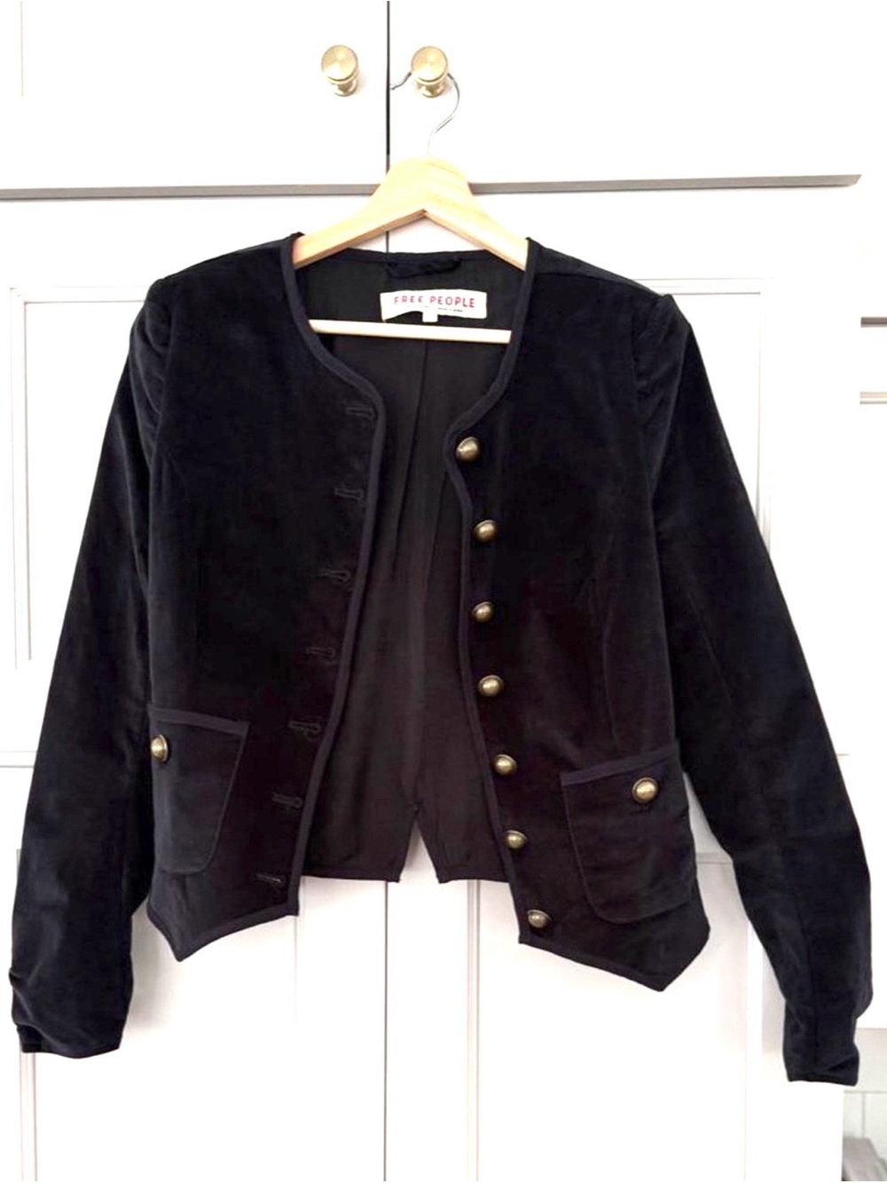 Free People “Becky” Black Velvet Military-Inspired Button Jacket
